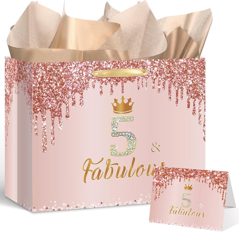 Yoirrat Rose Gold 5 & Fabulous 5th Birthday Gift Bag for Girls Large Pink Happy 5th Birthday Gift Bag with Wrapping Paper and Card for 5th Bday Decorations Party Supplies - Image 1
